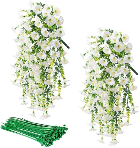 ZenyTra Pack of 2 Artificial Hanging Plants, White, 76 cm Artificial Petunia Ivy with Eucalyptus & 10 Twines, UV-Resistant Artificial Flowers for Autumn Decoration, Balcony, Patio, Garden, Wall