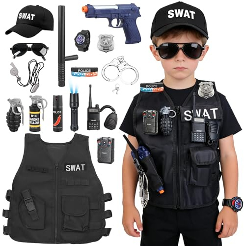 Moiuguli Polizei Kostüm Kinder, Swat Kostüm Kinder, Polizei Ausrüstung mit Swat Weste Kinder, Handschellen, Swat Cap, Walkie Talkie für Jungen Mädchen Karneval Cosplay