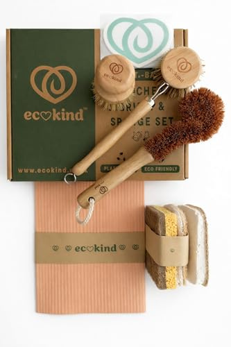 ECOKIND | Plastic-Free Kitchen Starter Kit | Eco Dish Brushes & Compostable Sponges | Bamboo Brushes | Loofah Sponges | Coconut Sponge | Eco Dish Cloths | Zero Waste Cleaning | Sustainable Living