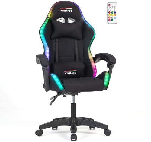 Amstrad AMS-910-LED-BK Fauteuil/Chaise de Bureau Gamer Noir avec éclairage LED 366 Effets - Télécommande