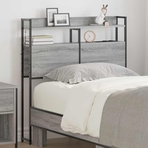 QJBSAVVA Kopfteil Bett mit LED & Regal Grau Sonoma 80 cm Breit Holzwerkstoff Industrial Chic Modernes Design für Schlafzimmer Jugendzimmer Stadtwohnung