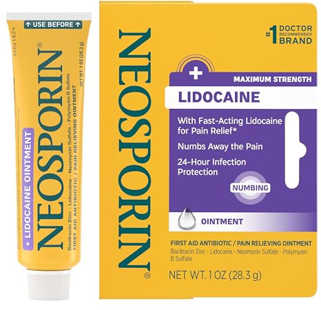 Neosporin + Lidocaine First Aid Triple Antibiotic Ointment, Fast-Acting, Maximum Strength Topical Pain Relief, 24-Hour Infection Protection That Numbs Away The Pain for Minor Wound Care, 1 oz