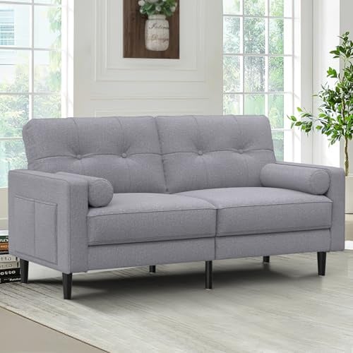 Aotumm Ciort 2-Sitzer Sofa, Dicke Kissen, 2 Kissen & Taschen (Grau) | Bequemes Leinen-Sofa, 2-Sitzer mit 2 Kissen, Seitentaschen, Ergonomisches Design & Einfache Montage für Wohnzimmer & Büro