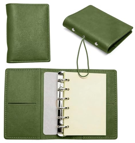 6 Anelli Raccoglitore con Anelli A7, Copertina per Raccoglitore Pelle PU | con 56 Fogli di Ricambio Vuoti Raccoglitori, in Pelle A7 Ring Binder, Adatto per Appunti Scolastici, Diari di Viaggio – Verde