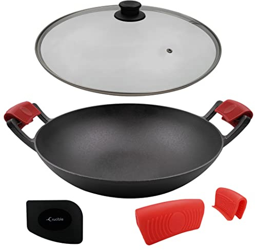 Crucible Cookware 14-Zoll Gusseisen Wok Set, Glas Deckel & Silikon heißen Griff Halter und Schaber