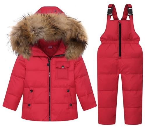 Combinaison de Neige Fille Garçon Doudoune à Capuche + Pantalons de Ski Enfant 2PCS Ensemble de Ski Bébé Manteau de Duvet Salopettes de Ski Hiver Veste Snowsuit, Rouge 2-3 Ans