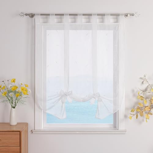 ESLIR Raffrollo mit Schlaufen Raffgardinen Gardinen Küche Bindegardine Transparent Schlaufenrollo Vorhänge mit Stickerei Modern Voile Weiß BxH 120x140cm 1 Stück