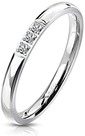 Paula & Fritz® Verlobungs-Ring Silber 2mm breit 3 Zirkonia Kristall Clear farblos Edelstahlring Damen-Ring Freundschaftsring Partnerring R-M7225S_60