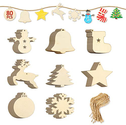 EKKONG Tannenschmuck Holz, Weihnachtsanhänger 80 Stücke basteln Weihnachten Tannenschmuck deko DIY Holz anhänger Baum Geschenkanhänger Holz Scrapbooking Elch Schneeflocke zum selbst bemalen
