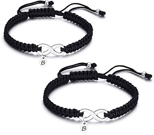 2x Personalisierte geflochtene Partnerarmbänder Edelstahl Infinity Unendlich Zeichen Unendlichkeits-Zeichen mit Buchstabe Partnerarmband Buchstabenarmband Liebe Armband Verstellbar Kordel Initialen