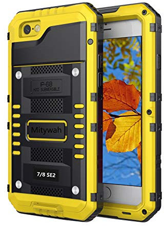 Mitywah Waterproof Case for iPhone SE 2020, Heavy Duty Military Grade Armor Metal Case, Full Body Protective Rugged Shockproof Thick Dustproof Strong Case for iPhone SE 2nd Generation, Yellow