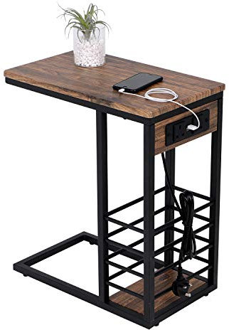 BELIWIN Living Room Side Table with Charging Station and Storage, Narrow Bedside End Table with 2 AC Outlets 2 USB Outlets,C Shape