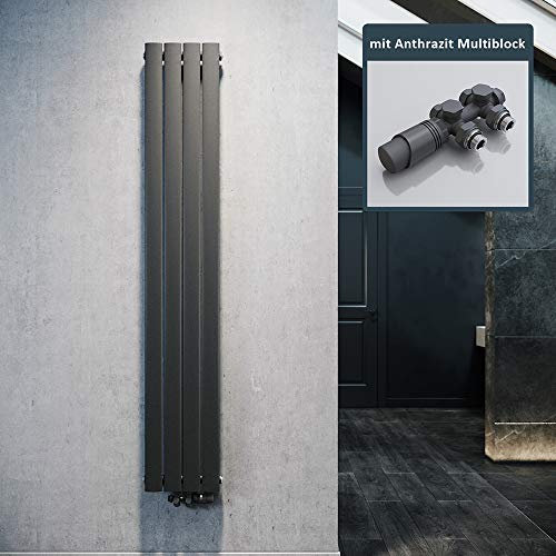 ELEGANT Design Heizkörper Flach 1800x308mm mit Anthrazit Multiblock Thermostat Flachheizkörper Anthrazit Einlagig Vertikal Heizkörper Mittelanschluss