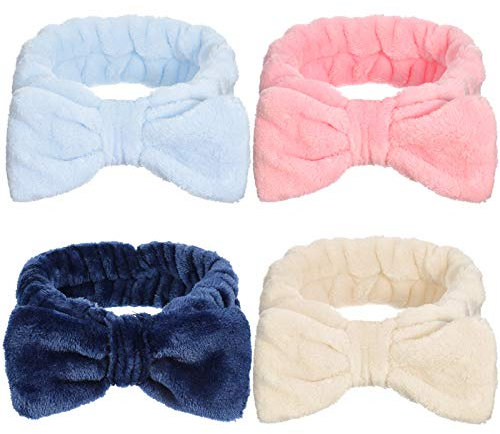 Heyu-Lotus 4 Stück Spa Bowknot Haarbänder, Coral Fleece Makeup Bow Stirnband Elastic Cosmetic Stirnband zum Waschen der Gesichtsdusche Yoga Sport Hautpflege(Beige, Pink, Blau, Marineblau)