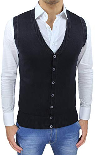 Evoga Gilet Smanicato Uomo Slim Fit Casual Elegante Corpetto Maglia Cardigan (XL, Nero)