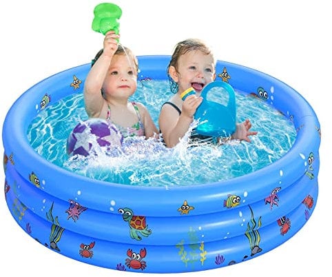 Planschbecken für Kinder, aufblasbares Baby-Schwimmbad, 3-Ring-Planschbecken mit aufblasbarem Sicherheits-Blasen-Boden, kleine Planschbecken für Kleinkinder, Gärten, Hinterhof, blau, 100 x 27 cm
