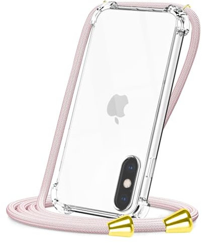 CAROKI Crossbody Case for iPhone, Mobile Phone Cover with Cord Strap, Clear Transparent TPU Soft Cover Holder with Neck Cord Lanyard Strap-Rose Gold