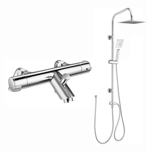 ENKI, Dune, BBT0245, Chrome, Thermostatic Bath Shower Mixer Valve with Dual Rigid Riser Kit, Square 200mm Ultra Slim Overhead Shower & Multi Hand Shower, Anti-Scald Device, Modern, 1-Year Guarantee