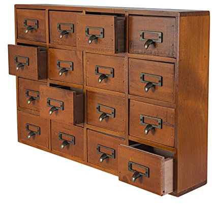 PACKGILO Apothekerschrank mit 16 Schubladen und Schubladen, Tisch-Apothekerkommode und Schränke, Bibliothekskarten, Katalogschrank, Kräuter-Aufbewahrungsbox, Holzschreibtisch, Vintage-Möbel, Braun