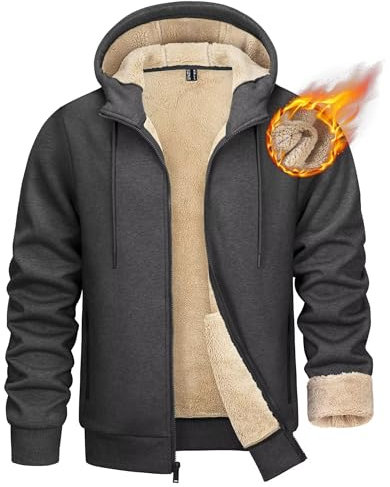KEFITEVD Giacca con cappuccio da uomo Sherpa, foderata, in pile, invernale, con coulisse, in cotone, traspirante, antivento, per attività all'aria aperta, Melange grigio scuro., XL
