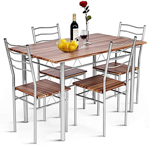 COSTWAY - Mesa de comedor con 4 sillas, marco de metal contemporáneo, conjunto de 5 piezas de mesa de comedor para cocina, sala de estar, montaje fácil (nogal claro)