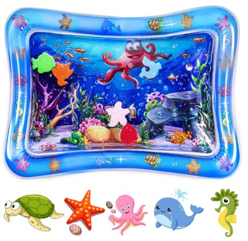 Aolso Almohadilla Agua Inflable,Alfombra Inflable con Agua Tema Oceánico,Alfombra de Agua para Bebes,Cojín de Agua Inflable con Espejo y Sonajero para Bebé,Cojín Colchones de tiempo boca abajo Bebés