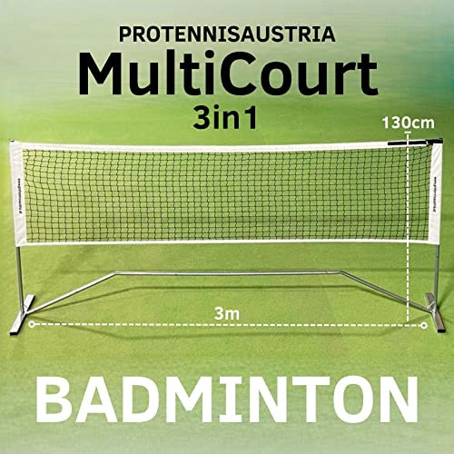 ProTennisAustria Multicourt 3-in-1 Netz: Tennisnetz, Volleyballnetz, Badmintonnetz | 3m x 80-130cm Premium Steel | Ideal für den Garten | Schneller Aufbau | Stabil für Garten, Park, Strand.