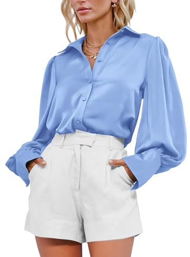BTFBM Women Satin Silk Blouse Button Down Long Sleeve Shirts,Blue,S
