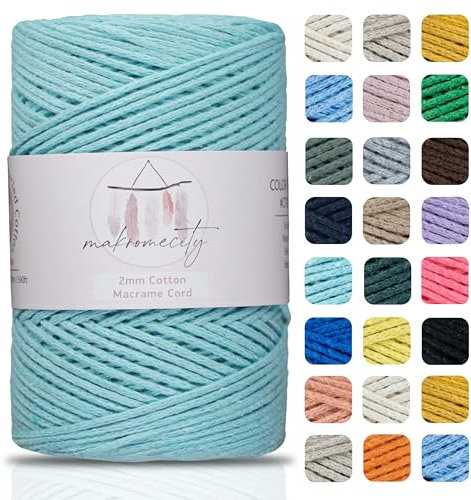 Makromecity, Cotton Macrame Cord 2mm x 195 Yards (590 feet) 2mm Recycled Cotton Crochet Yarn for Macrame Art & Crafts for Wall Hangings, Bags, Underplate, Rug (25 Colors Available) (Mint)