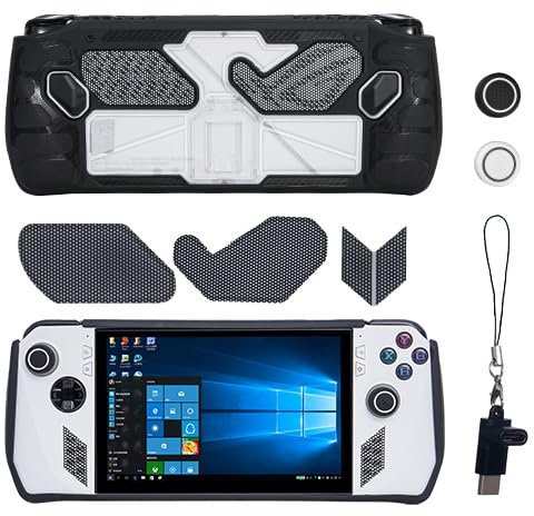 HEATFUN Funda protectora para ASUS ROG Ally, funda de TPU con soporte, protector de pantalla de vidrio templado, redes a prueba de polvo, protectores de joystick, adaptador 3.1, color negro
