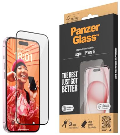 PanzerGlass™ Kratzfester Displayschutz für Apple iPhone 15 - Ultra-Wide Fit und kristallklare Anzeige, Stoßfestigkeit und Fallschutz mit Montagehilfe für einfache Installation