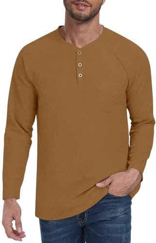 Pluslook Men's Henley Shirts Long Sleeve Waffle Knitted Casual Shirts Pullover T-Shirt with Pocket XL, Brown
