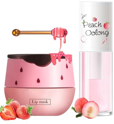 2Pcs Strawberry Lip Balm Honey Pot Lip Mask & Hydrating Lip Glowy Oil Lip Care Set, Lippen Moisturizing Treatment Nourishing Lipgloss, Scrub Exfoliator, Reduce Lip Line & Plump Dry Cracked Lip-Set B
