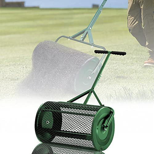 OSBELE 24 inch Compost Spreader for Lawn Garden Yard, Upgraded T Shaped Handle Moss Durable Lightweight for Planting, Seeding, Heavy Duty Metal Mesh Basket Push Spreader