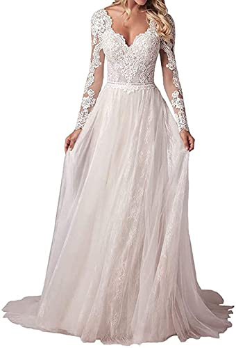 Vestido de Playa de Manga Larga de Encaje Retro Vestido de Novia Bohemio, WZEFEIO, Blanco, 46