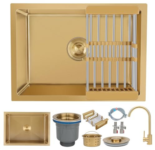 KOOGIMDDR Fregadero de 55 × 40 cm oro con grifo de acero inoxidable multifuncional para cocina esencial con drenaje dorado y componentes de montaje, con cesta de desagüe
