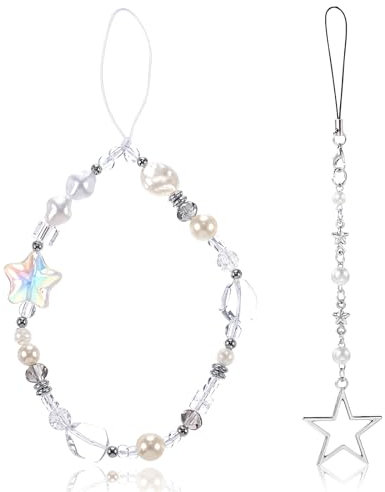 Grevosea 2 Pcs Beaded Phone Charm, Beaded Camera Wrist Strap Cute Phone Charms Strap Pearl Bracelet Wrist Strap Phone Keychain Star Y2k Pearl Beaded Strap Phone Lanyard Wrist for Most Smartphones