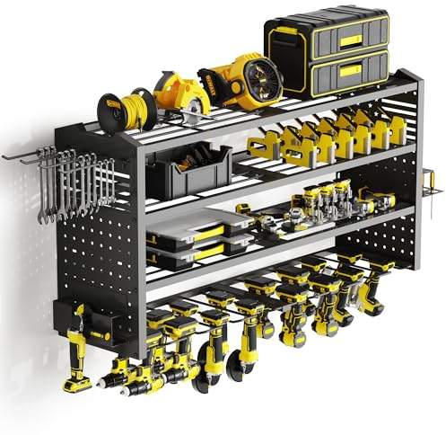 Tomorotec 4-Tier Wall-Mounted Power Tool Storage Rack, Black | Heavy-Duty Steel Organiser with Adjustable Shelves and Side Hooks for Drills, Toolboxes and Garage Accessories