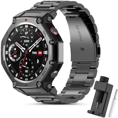 ENCorrea Correa de Metal Compatible con Amazfit T-Rex 3, Pulsera de Repuesto de Acero Inoxidable para Amazfit T-Rex 3.(No host) (Negro)