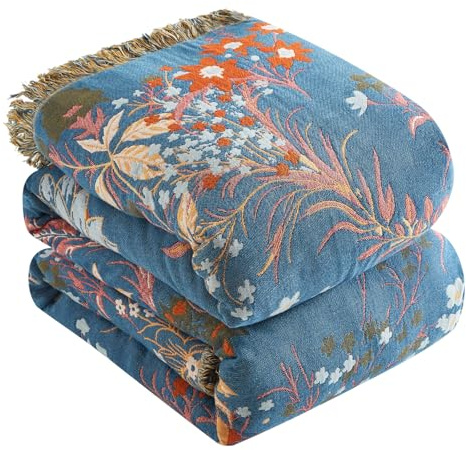 Bailix Premium Boho Tagesdecke 100% Baumwolle Kuscheldecke mit Fransen Doppelseitige Musselin Boho Decke 200x230cm, Kuschelige Sofadecke & Bettüberwurf, Sommedecke für Wohnzimmer Blau/Beige
