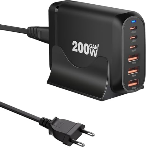USB C ladestation 200W 6-Port Ladestation, PD Charger 100W für Laptops | Handys (Schnellladeadapter), kompatibel mit MacBook Pro/Air, Dell XPS, iPhone 15/16/14 Pro, iPads, Steam Deck