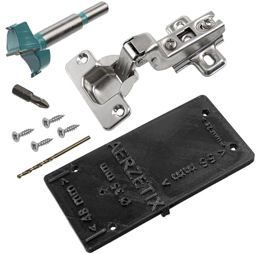 AERZETIX - Set mit 4 verdeckten Scharnieren für eingelassene Türen 110° mit Bohrlehre Ø35 mm + Forstnerbohrer Ø35 mm + Holzbohrer Ø2.5 mm + 16 Schrauben Ø3.5x16 mm und Bit 1/4 PZ2