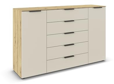 Rauch Möbel Flipp, Kommode, Farbe Beige/Eiche Artisan, Breite 160 cm | Sideboard, 2-türig, 5 Schubladen, Soft-Close-Funktion, für Schlafzimmer, Gästezimmer, Wohnzimmer, Garderobe, Flur
