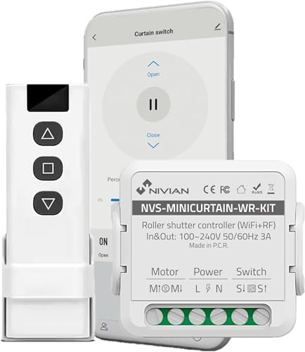 NIVIAN Controlador WiFi para Motor de Persianas con Mando RF. Control Remoto App Tuya. Interruptor Persiana WiFi Programación Horaria, Temporizador y Medición de Consumo. Compatible con Alexa y Google