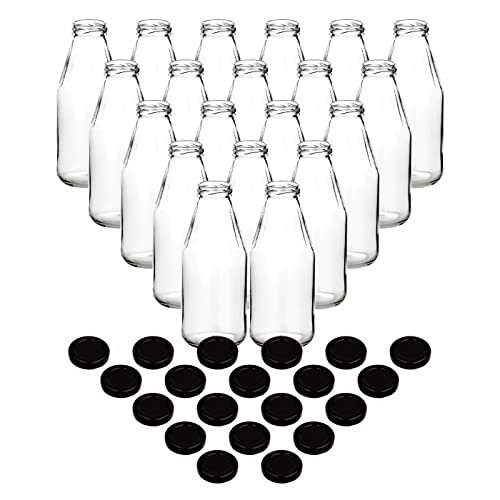 gouveo Set de 20 bouteilles de jus de fruits 500 ml avec couvercle à visser noir - Bouteille ronde en verre 0,5 l avec bouchon TO43 – Bouteille vide à remplir pour la cuisine et la maison (SF500SZ)