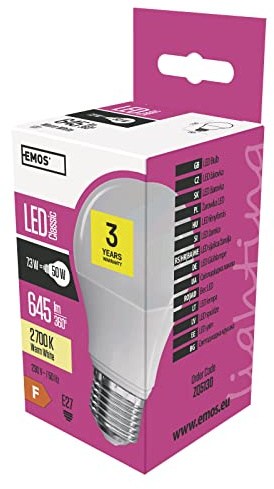EMOS LED Lampe A60, 7,3 W Ersatz für 50 W Glühbirne, E27 Sockel, Helligkeit 645 Lumen, Warmweiß 2700 Kelvin, 30000 Stunden Lebensdauer, CRI min. 80, 180° Abstrahlwinkel