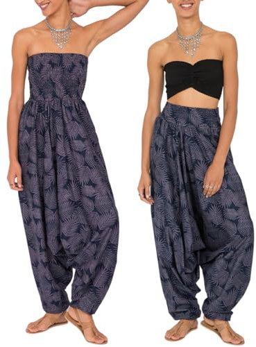 likemary Jumpsuit for Women UK – Printed Cotton Jumpsuit Pulls Down into Elastic Waist Harem Pants – 2-in-1 Summer Trousers with Pockets - Blue Leaves Print