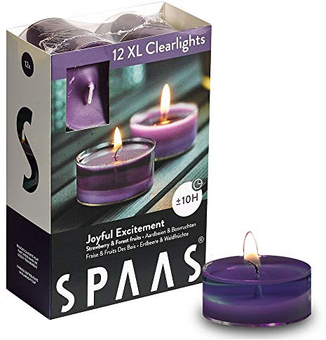 Spaas 12 Velas aromáticas en Taza Transparente, ± 10 Horas – Joyful, Cera de parafina, Vaso de plástico, Berenjena, D 57 mm x H 28 mm