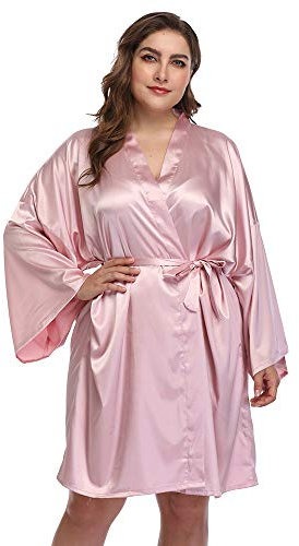 Peignoir kimono court en satin pour femme Grande taille, rose, 4X