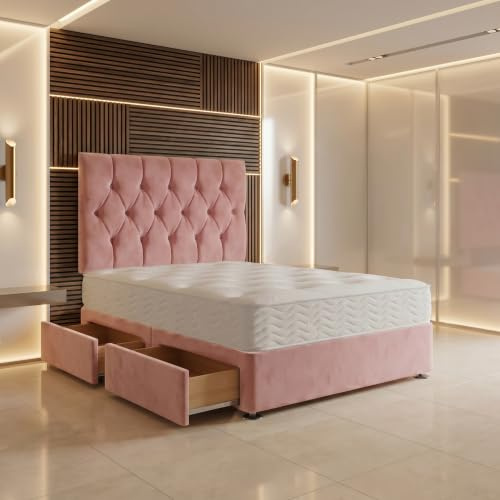 Bed Centre Ziggy Plush Small Double Divan Bed Set with 24 cm Ortho Sprung Mattress, Headboard, 4 Drawers, Pink